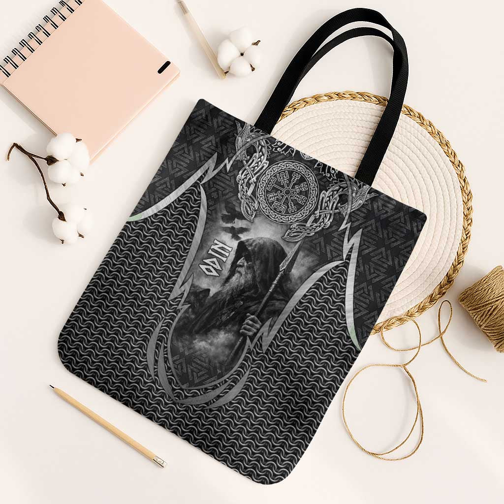Odin and Viking Warrior Norse Mythology Tote Bag Realistic Black and Grey Tattoo Style