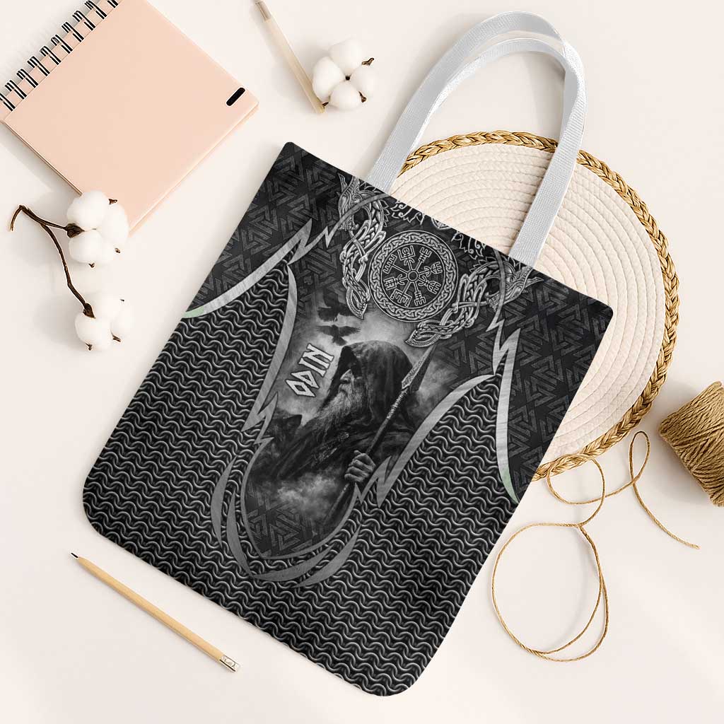Odin and Viking Warrior Norse Mythology Tote Bag Realistic Black and Grey Tattoo Style
