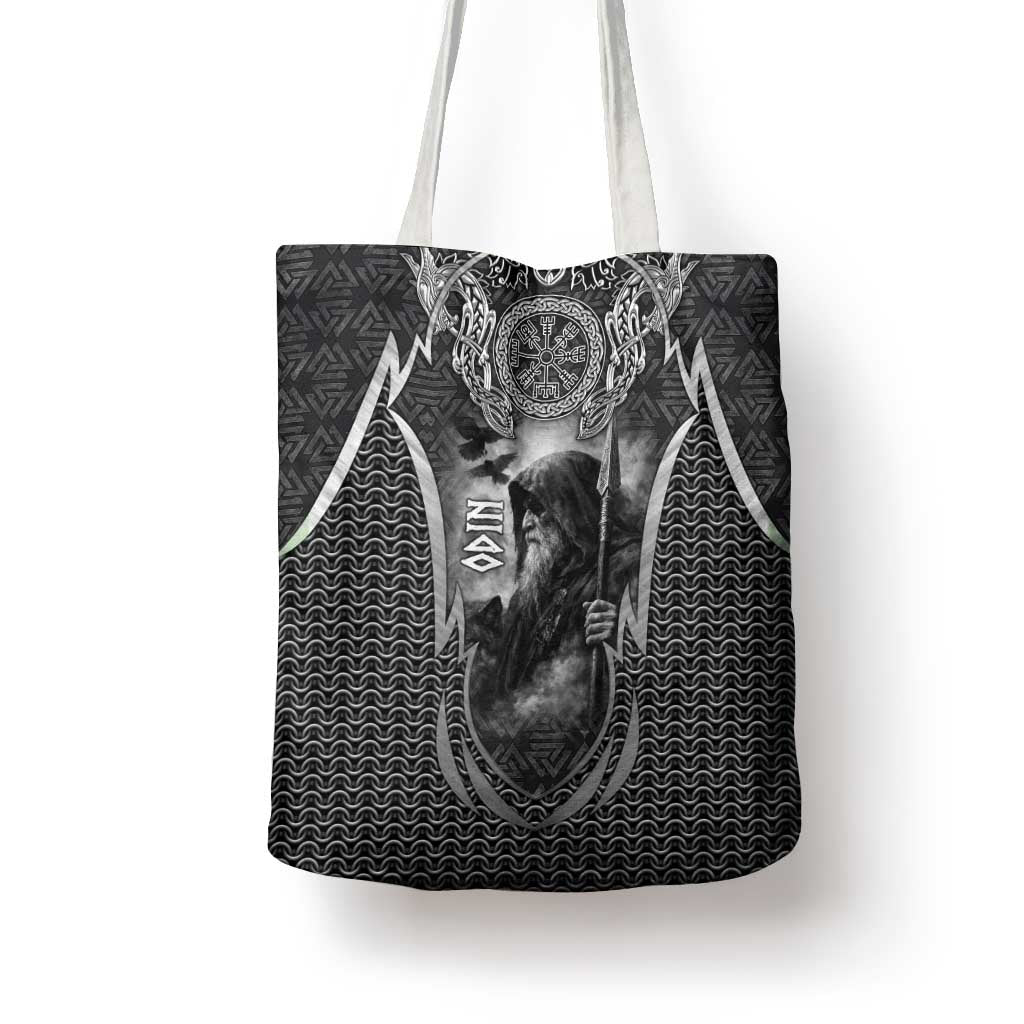 Odin and Viking Warrior Norse Mythology Tote Bag Realistic Black and Grey Tattoo Style