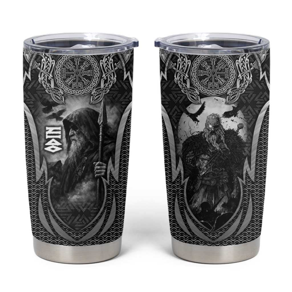 Odin and Viking Warrior Norse Mythology Tumbler Cup Realistic Black and Grey Tattoo Style