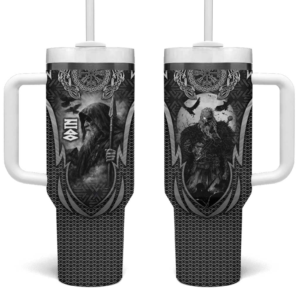 Odin and Viking Warrior Norse Mythology Tumbler With Handle Realistic Black and Grey Tattoo Style