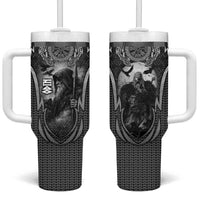 Odin and Viking Warrior Norse Mythology Tumbler With Handle Realistic Black and Grey Tattoo Style