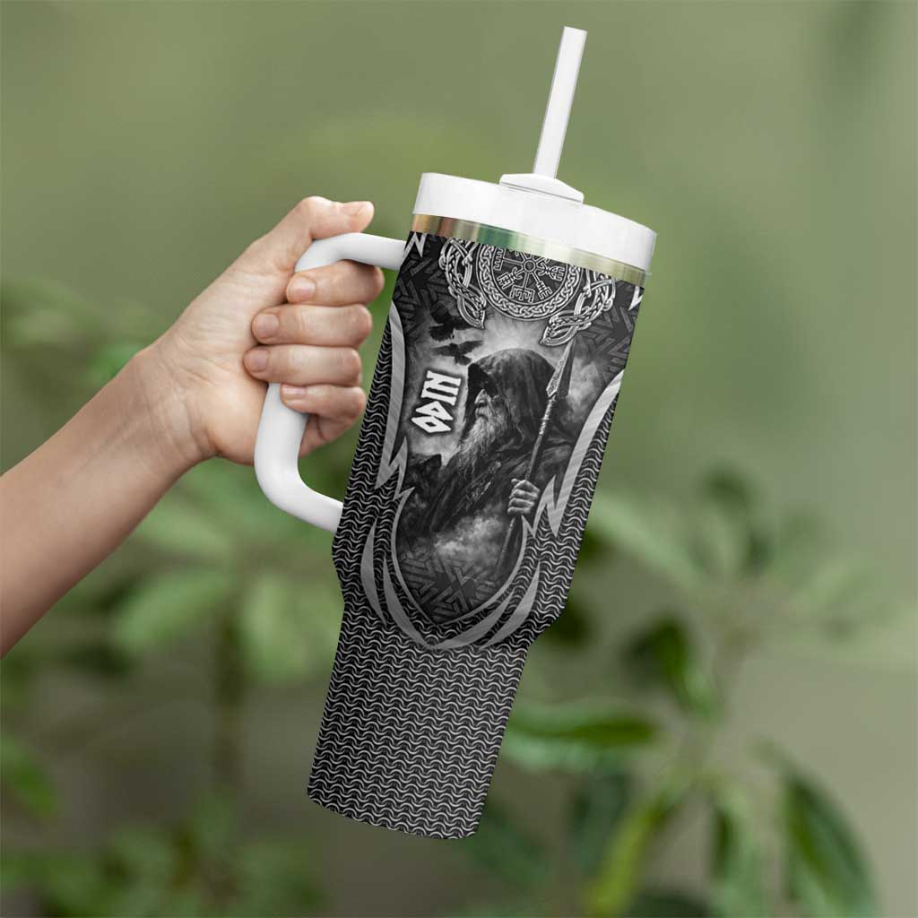 Odin and Viking Warrior Norse Mythology Tumbler With Handle Realistic Black and Grey Tattoo Style