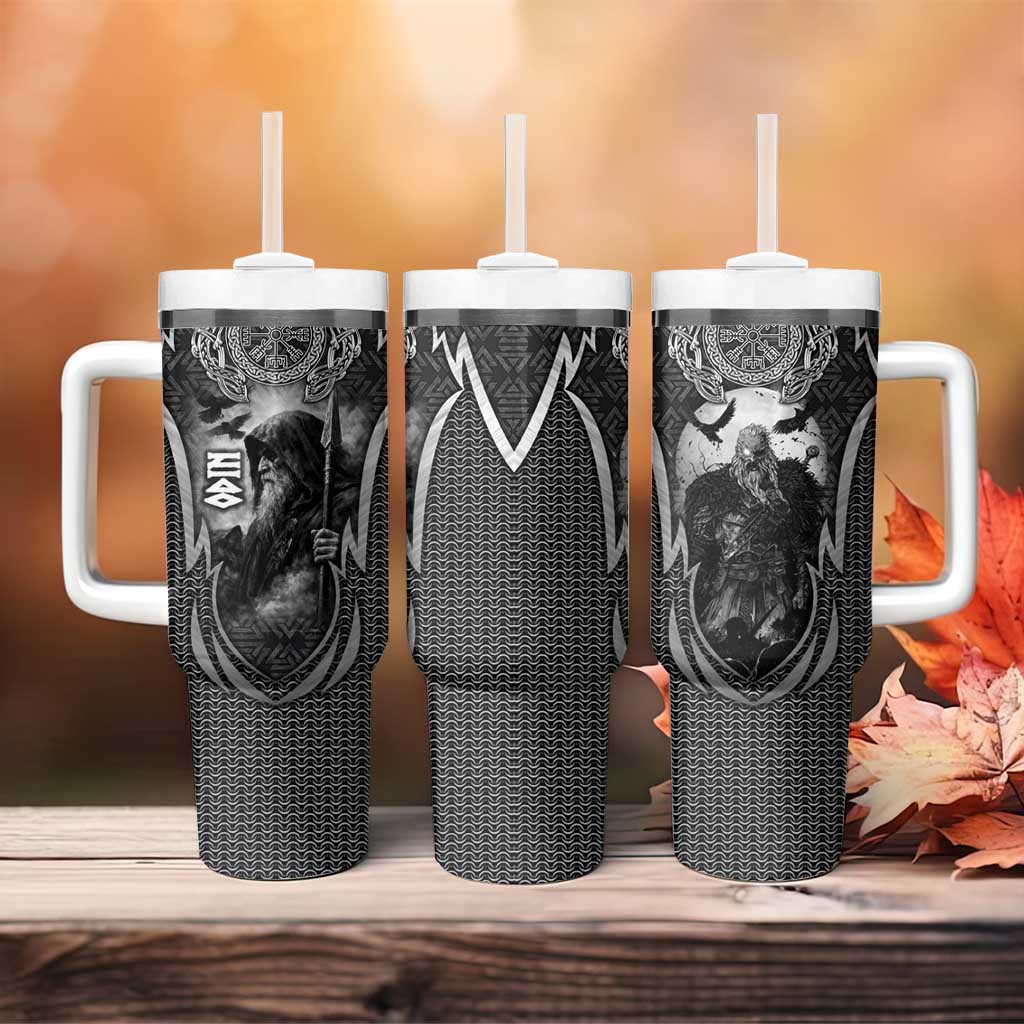Odin and Viking Warrior Norse Mythology Tumbler With Handle Realistic Black and Grey Tattoo Style