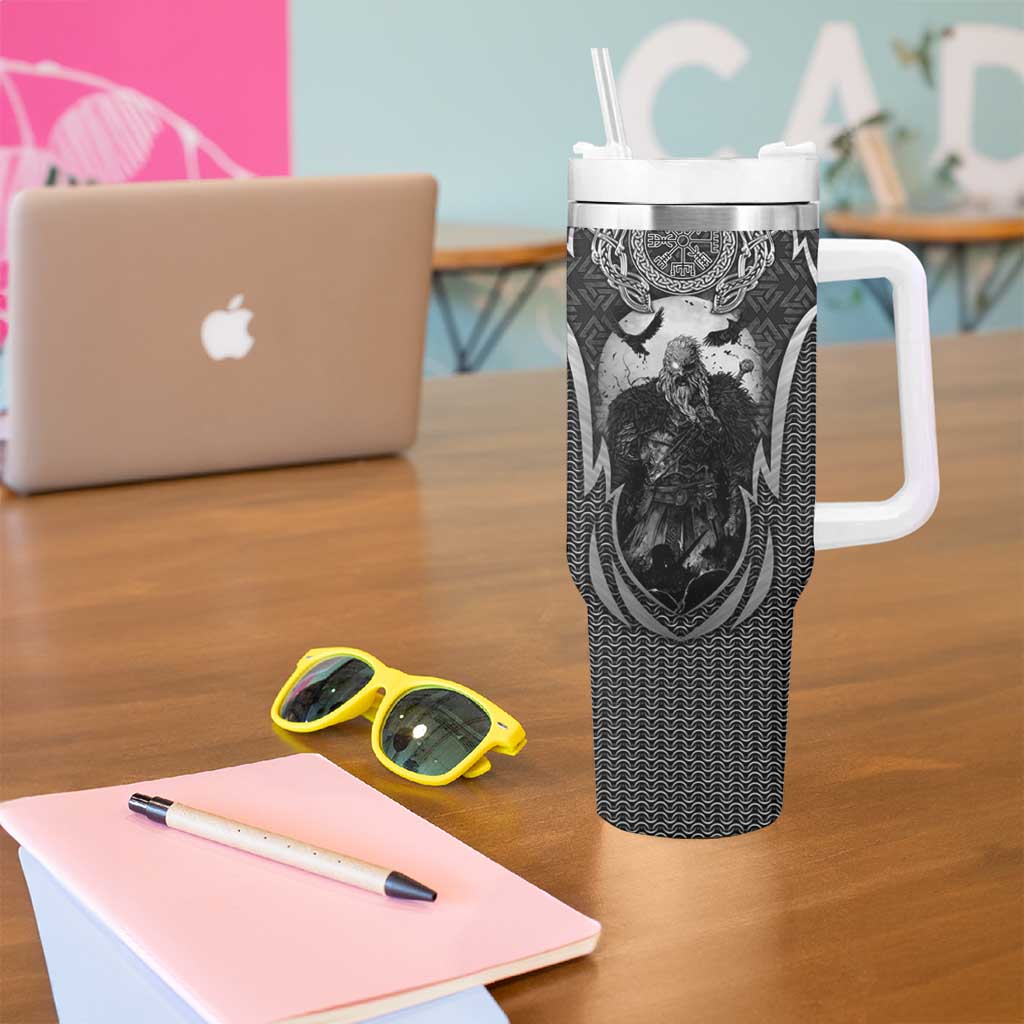 Odin and Viking Warrior Norse Mythology Tumbler With Handle Realistic Black and Grey Tattoo Style