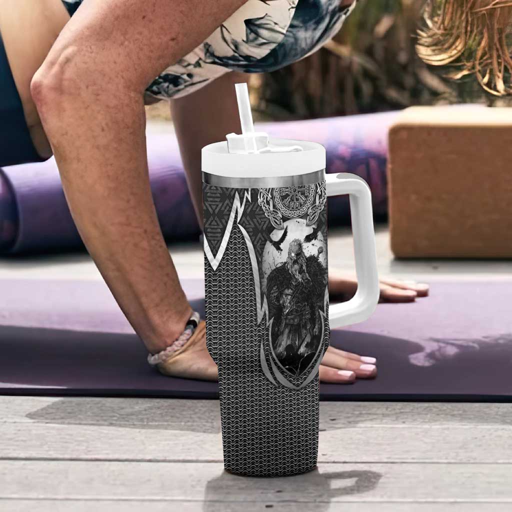 Odin and Viking Warrior Norse Mythology Tumbler With Handle Realistic Black and Grey Tattoo Style