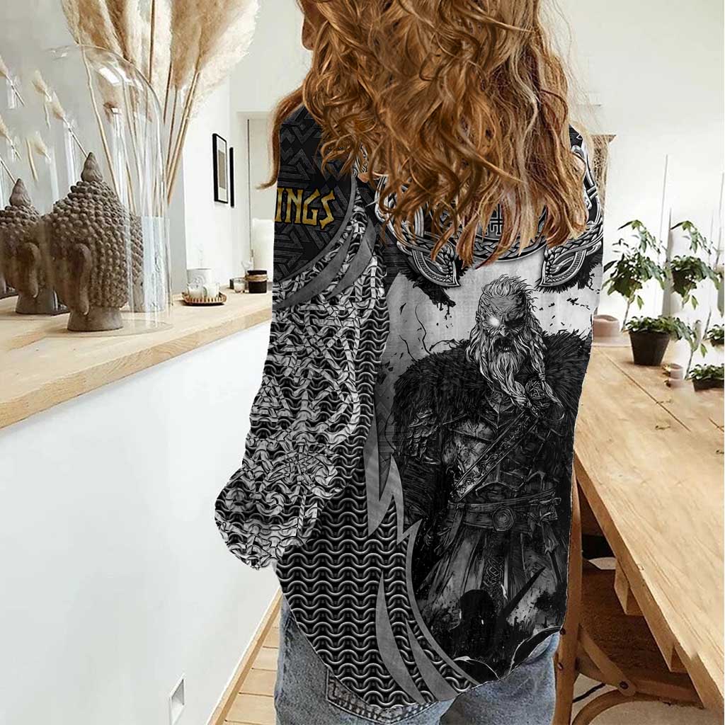 Odin and Viking Warrior Norse Mythology Women Casual Shirt Realistic Black and Grey Tattoo Style