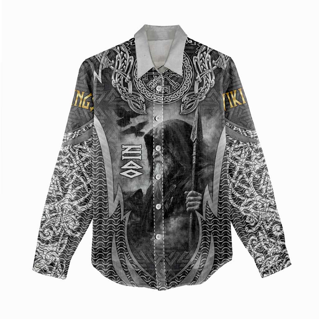 Odin and Viking Warrior Norse Mythology Women Casual Shirt Realistic Black and Grey Tattoo Style