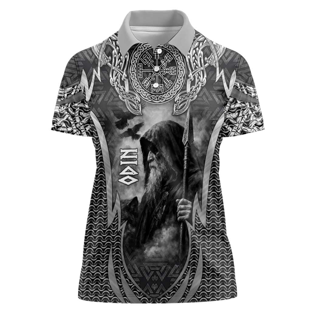 Odin and Viking Warrior Norse Mythology Women Polo Shirt Realistic Black and Grey Tattoo Style