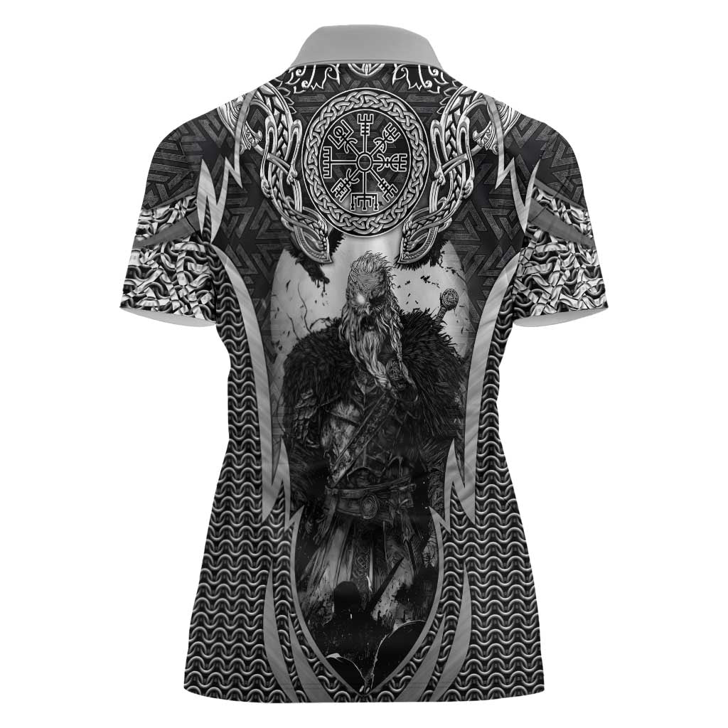 Odin and Viking Warrior Norse Mythology Women Polo Shirt Realistic Black and Grey Tattoo Style