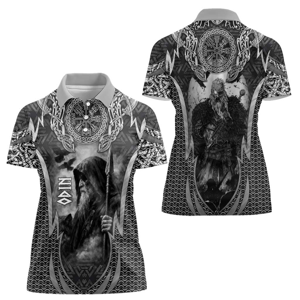 Odin and Viking Warrior Norse Mythology Women Polo Shirt Realistic Black and Grey Tattoo Style