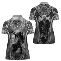 Odin and Viking Warrior Norse Mythology Women Polo Shirt Realistic Black and Grey Tattoo Style