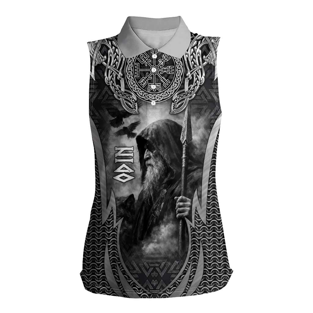 Odin and Viking Warrior Norse Mythology Women Sleeveless Polo Shirt Realistic Black and Grey Tattoo Style