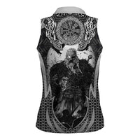 Odin and Viking Warrior Norse Mythology Women Sleeveless Polo Shirt Realistic Black and Grey Tattoo Style