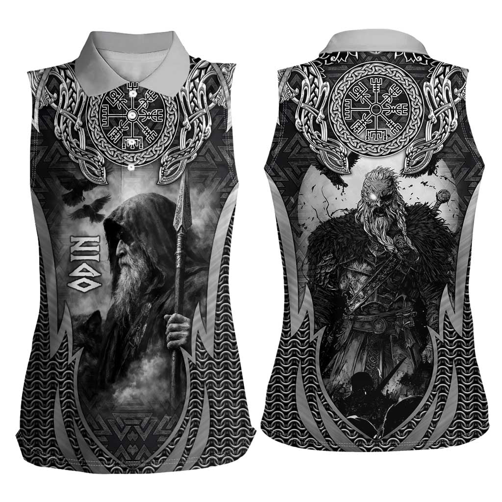 Odin and Viking Warrior Norse Mythology Women Sleeveless Polo Shirt Realistic Black and Grey Tattoo Style