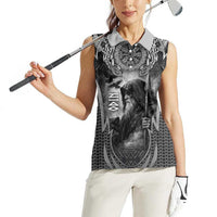 Odin and Viking Warrior Norse Mythology Women Sleeveless Polo Shirt Realistic Black and Grey Tattoo Style
