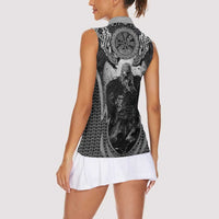 Odin and Viking Warrior Norse Mythology Women Sleeveless Polo Shirt Realistic Black and Grey Tattoo Style