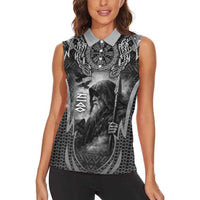 Odin and Viking Warrior Norse Mythology Women Sleeveless Polo Shirt Realistic Black and Grey Tattoo Style