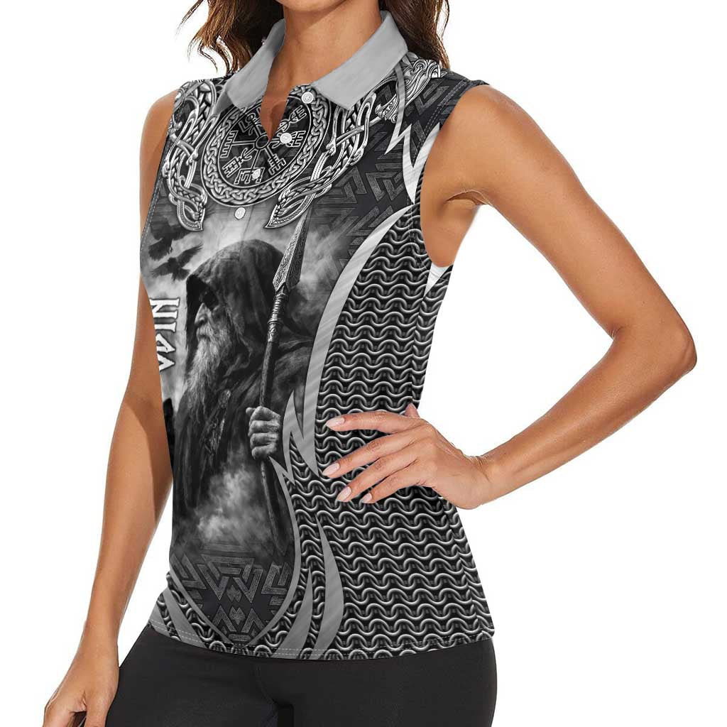 Odin and Viking Warrior Norse Mythology Women Sleeveless Polo Shirt Realistic Black and Grey Tattoo Style