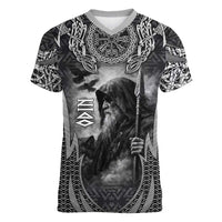 Odin and Viking Warrior Norse Mythology Women V-Neck T-Shirt Realistic Black and Grey Tattoo Style