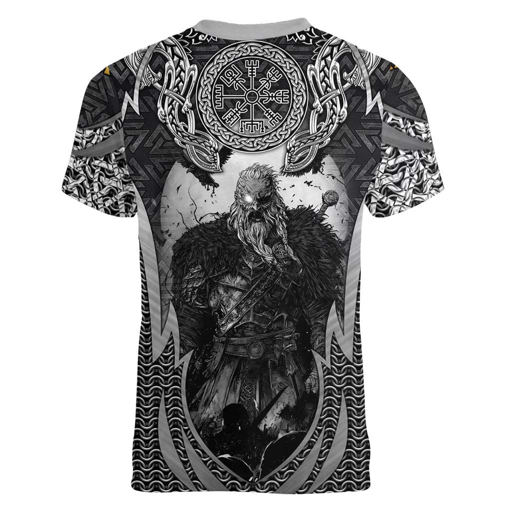 Odin and Viking Warrior Norse Mythology Women V-Neck T-Shirt Realistic Black and Grey Tattoo Style