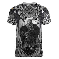 Odin and Viking Warrior Norse Mythology Women V-Neck T-Shirt Realistic Black and Grey Tattoo Style