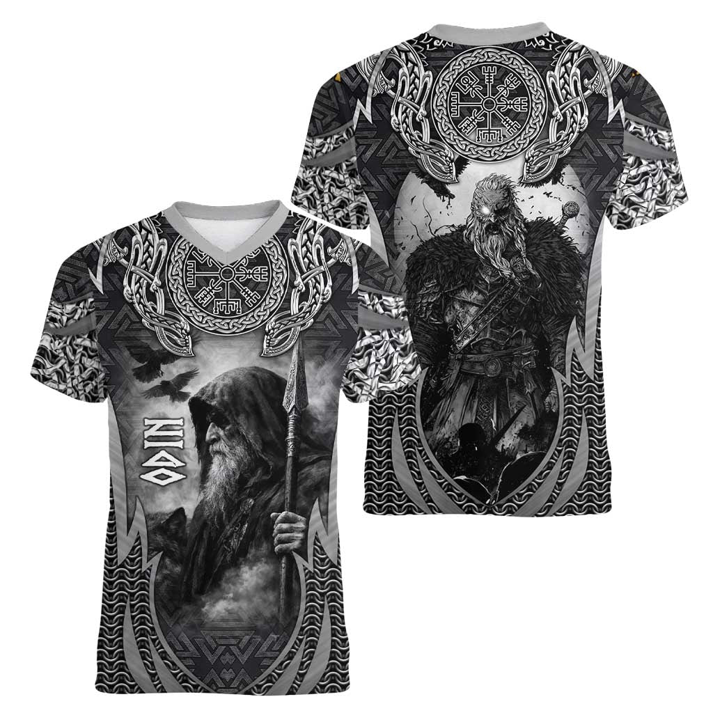 Odin and Viking Warrior Norse Mythology Women V-Neck T-Shirt Realistic Black and Grey Tattoo Style