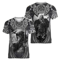 Odin and Viking Warrior Norse Mythology Women V-Neck T-Shirt Realistic Black and Grey Tattoo Style
