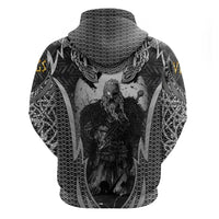 Odin and Viking Warrior Norse Mythology Zip Hoodie Realistic Black and Grey Tattoo Style