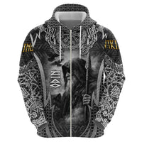 Odin and Viking Warrior Norse Mythology Zip Hoodie Realistic Black and Grey Tattoo Style