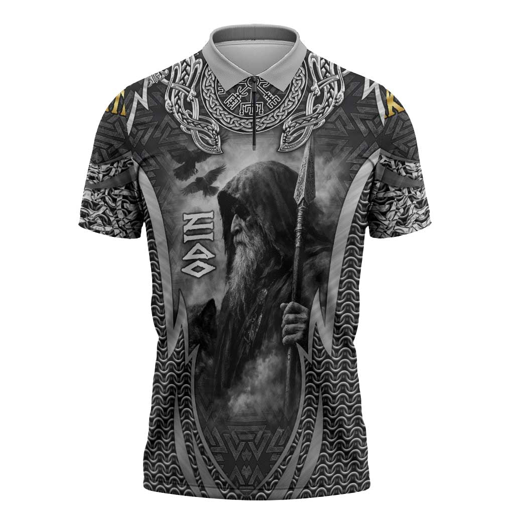 Odin and Viking Warrior Norse Mythology Zipper Polo Shirt Realistic Black and Grey Tattoo Style