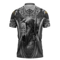 Odin and Viking Warrior Norse Mythology Zipper Polo Shirt Realistic Black and Grey Tattoo Style