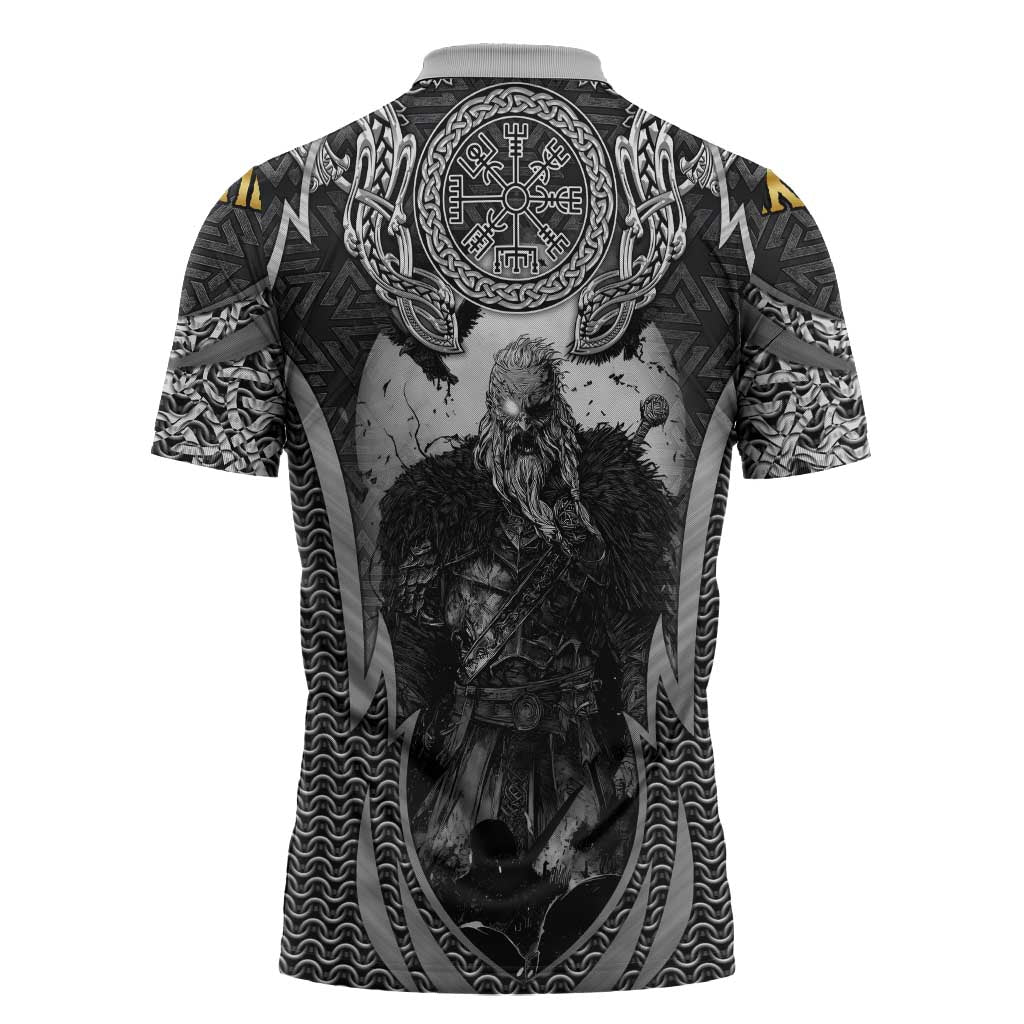 Odin and Viking Warrior Norse Mythology Zipper Polo Shirt Realistic Black and Grey Tattoo Style