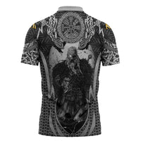 Odin and Viking Warrior Norse Mythology Zipper Polo Shirt Realistic Black and Grey Tattoo Style