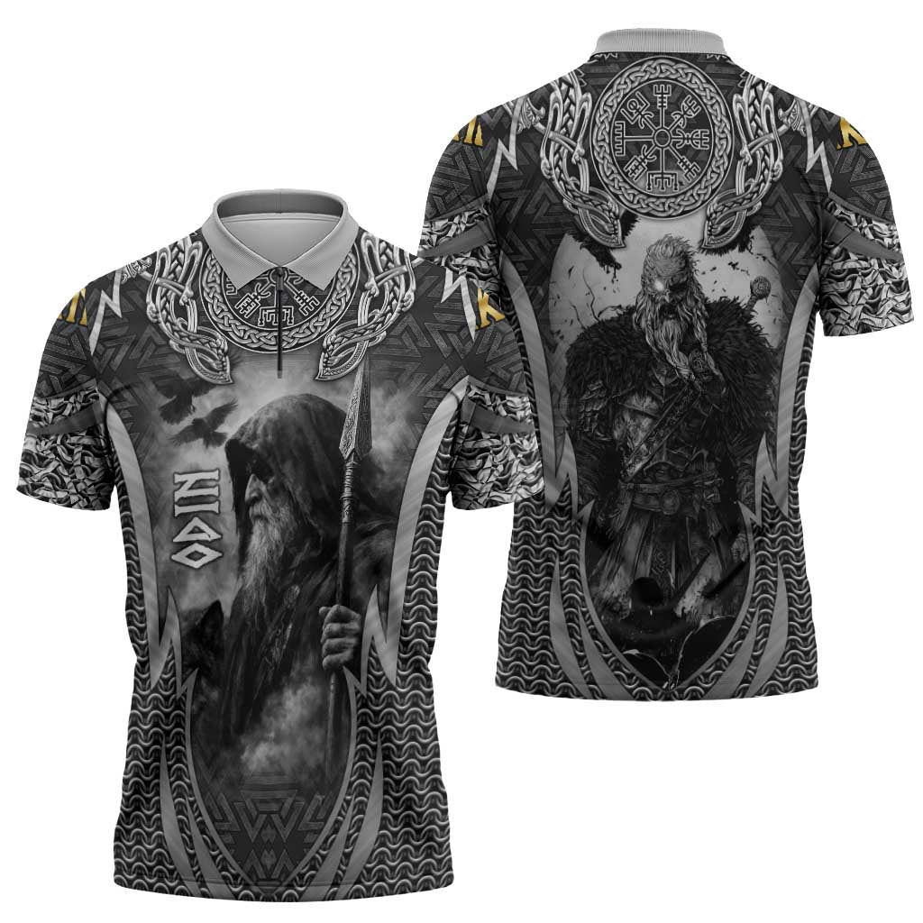 Odin and Viking Warrior Norse Mythology Zipper Polo Shirt Realistic Black and Grey Tattoo Style