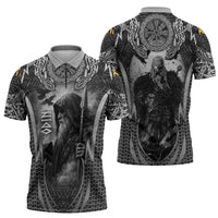 Odin and Viking Warrior Norse Mythology Zipper Polo Shirt Realistic Black and Grey Tattoo Style