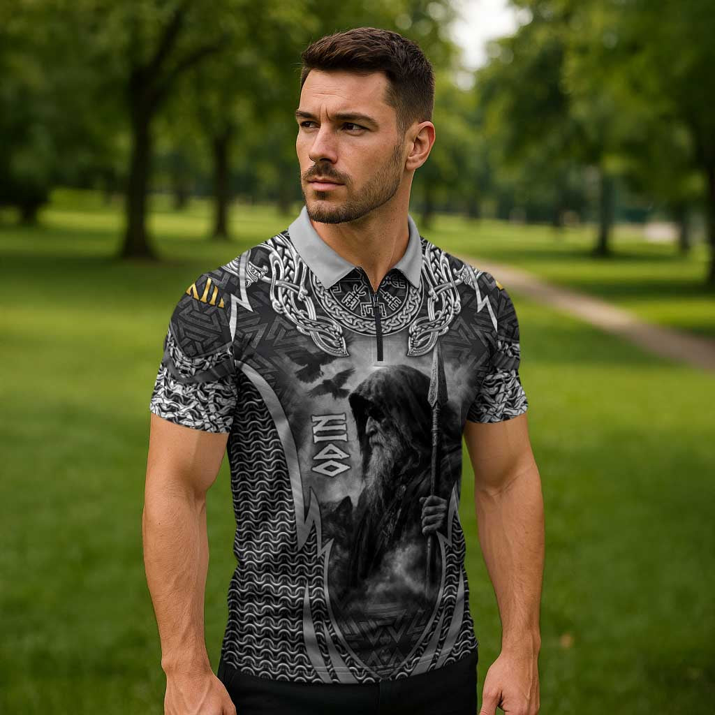 Odin and Viking Warrior Norse Mythology Zipper Polo Shirt Realistic Black and Grey Tattoo Style