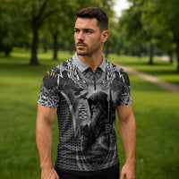 Odin and Viking Warrior Norse Mythology Zipper Polo Shirt Realistic Black and Grey Tattoo Style