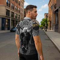 Odin and Viking Warrior Norse Mythology Zipper Polo Shirt Realistic Black and Grey Tattoo Style