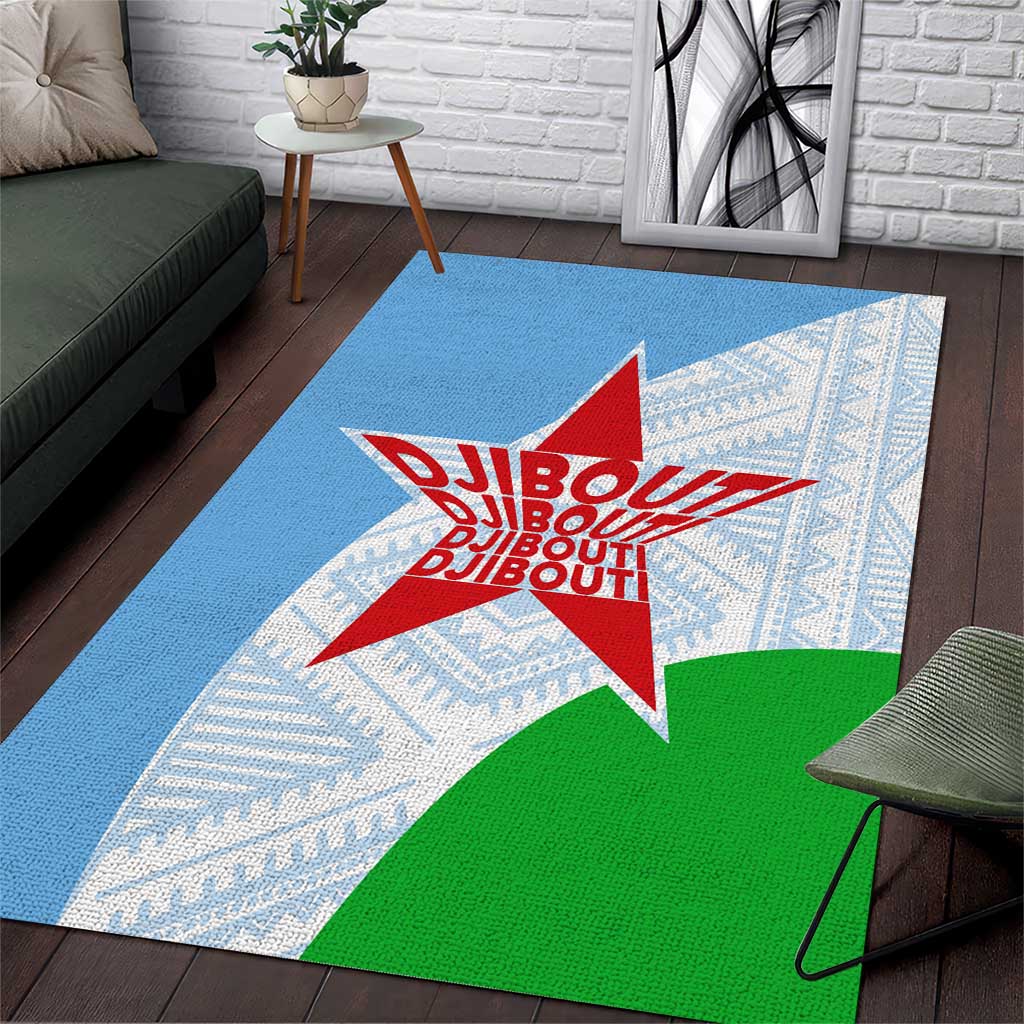 Djibouti Cultural Area Rug National Emblem, Tribal Motifs and Red Star Symbol of Unity