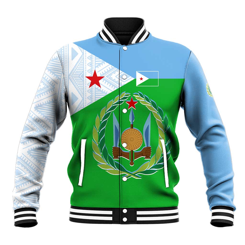 Djibouti Cultural Baseball Jacket National Emblem, Tribal Motifs and Red Star Symbol of Unity