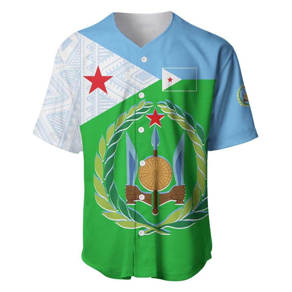 Djibouti Cultural Baseball Jersey National Emblem, Tribal Motifs and Red Star Symbol of Unity