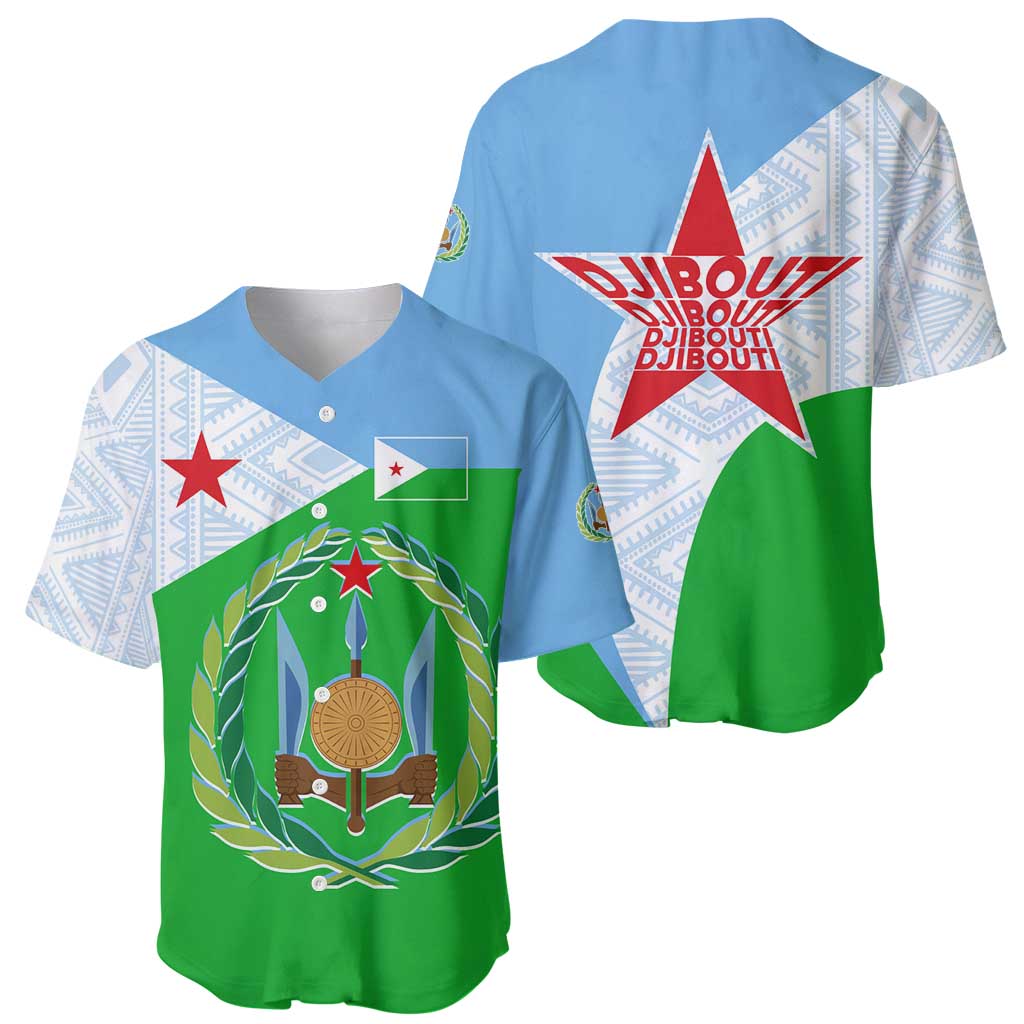 Djibouti Cultural Baseball Jersey National Emblem, Tribal Motifs and Red Star Symbol of Unity