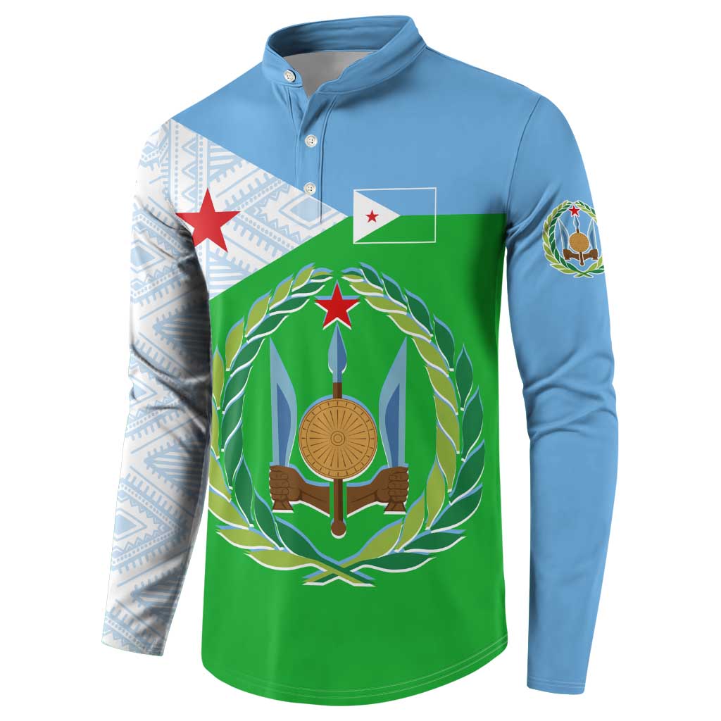Djibouti Cultural Button Sweatshirt National Emblem, Tribal Motifs and Red Star Symbol of Unity