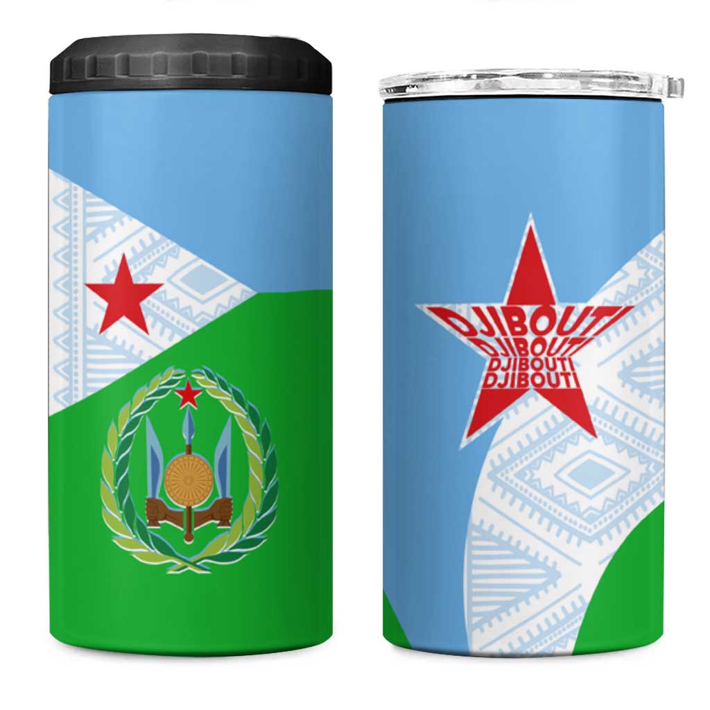 Djibouti Cultural 4 in 1 Can Cooler Tumbler National Emblem, Tribal Motifs and Red Star Symbol of Unity
