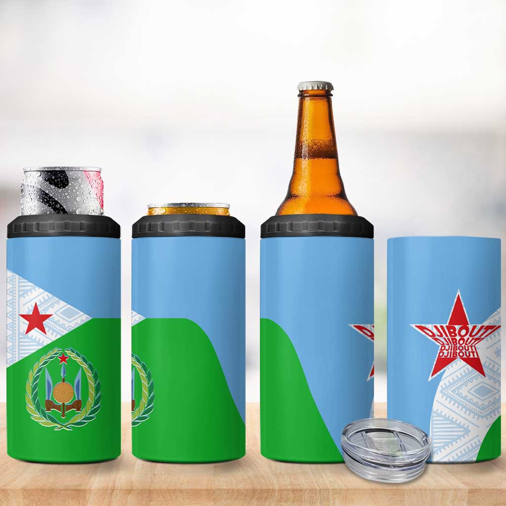 Djibouti Cultural 4 in 1 Can Cooler Tumbler National Emblem, Tribal Motifs and Red Star Symbol of Unity