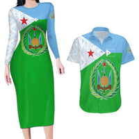 Djibouti Cultural Couples Matching Long Sleeve Bodycon Dress and Hawaiian Shirt National Emblem, Tribal Motifs and Red Star Symbol of Unity