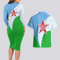 Djibouti Cultural Couples Matching Long Sleeve Bodycon Dress and Hawaiian Shirt National Emblem, Tribal Motifs and Red Star Symbol of Unity