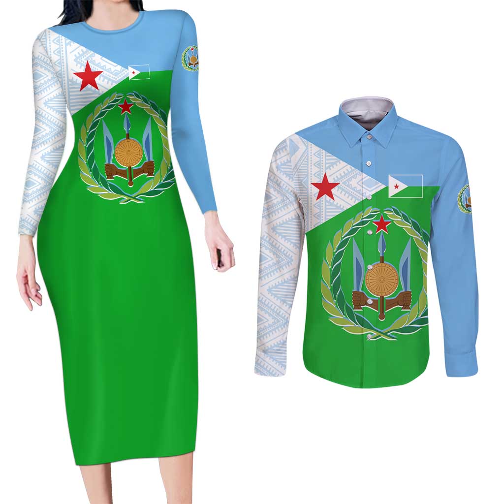Djibouti Cultural Couples Matching Long Sleeve Bodycon Dress and Long Sleeve Button Shirt National Emblem, Tribal Motifs and Red Star Symbol of Unity