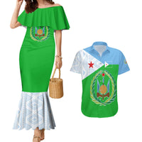 Djibouti Cultural Couples Matching Mermaid Dress and Hawaiian Shirt National Emblem, Tribal Motifs and Red Star Symbol of Unity